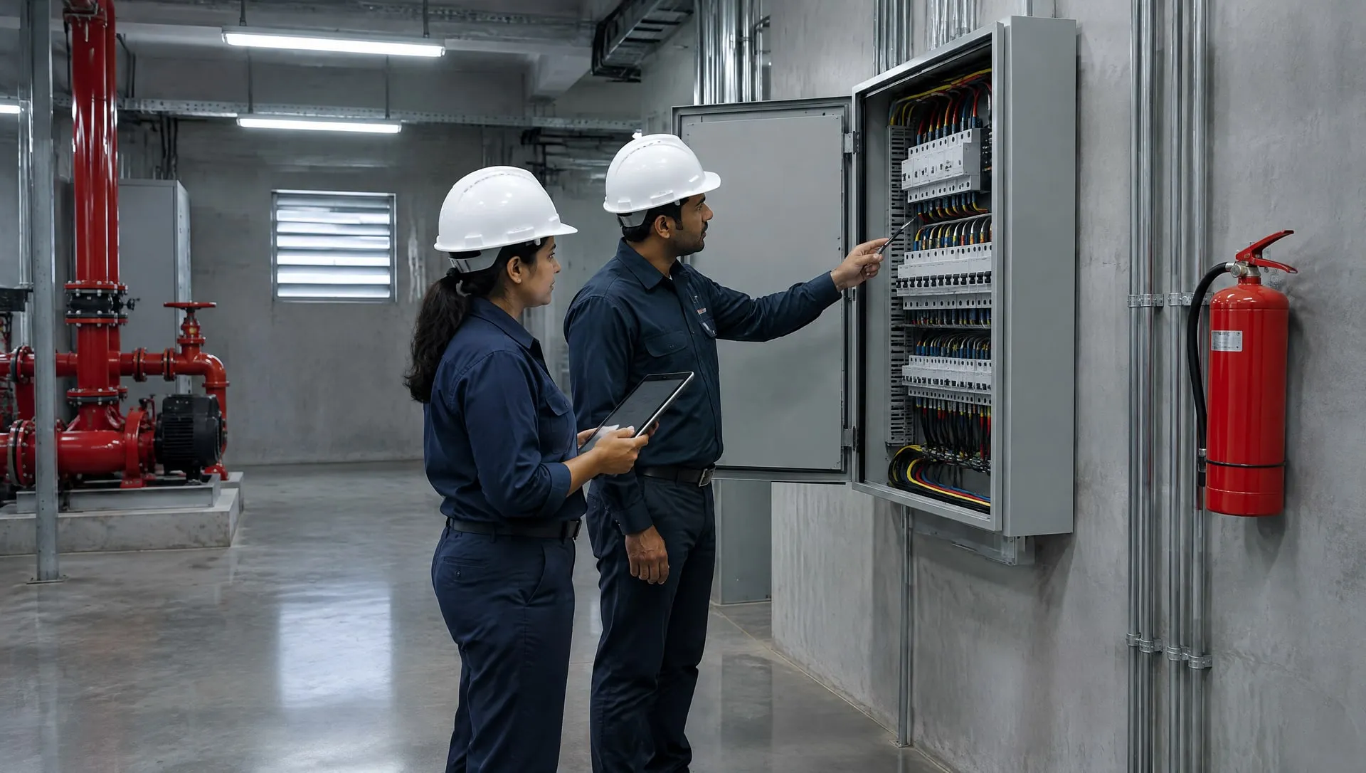Two auditors with a tablet inspecting an open electrical distribution panel, a fire extinguisher on the wall beside it