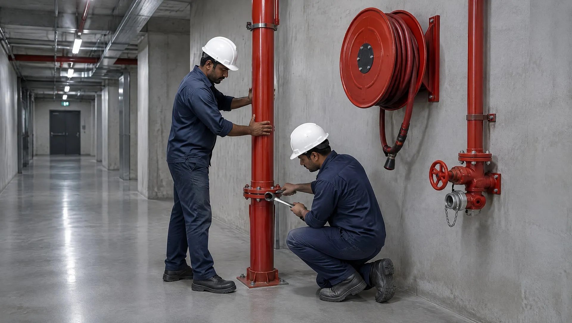Two engineers fitting a red fire hydrant riser pipe beside a hose reel and landing valve