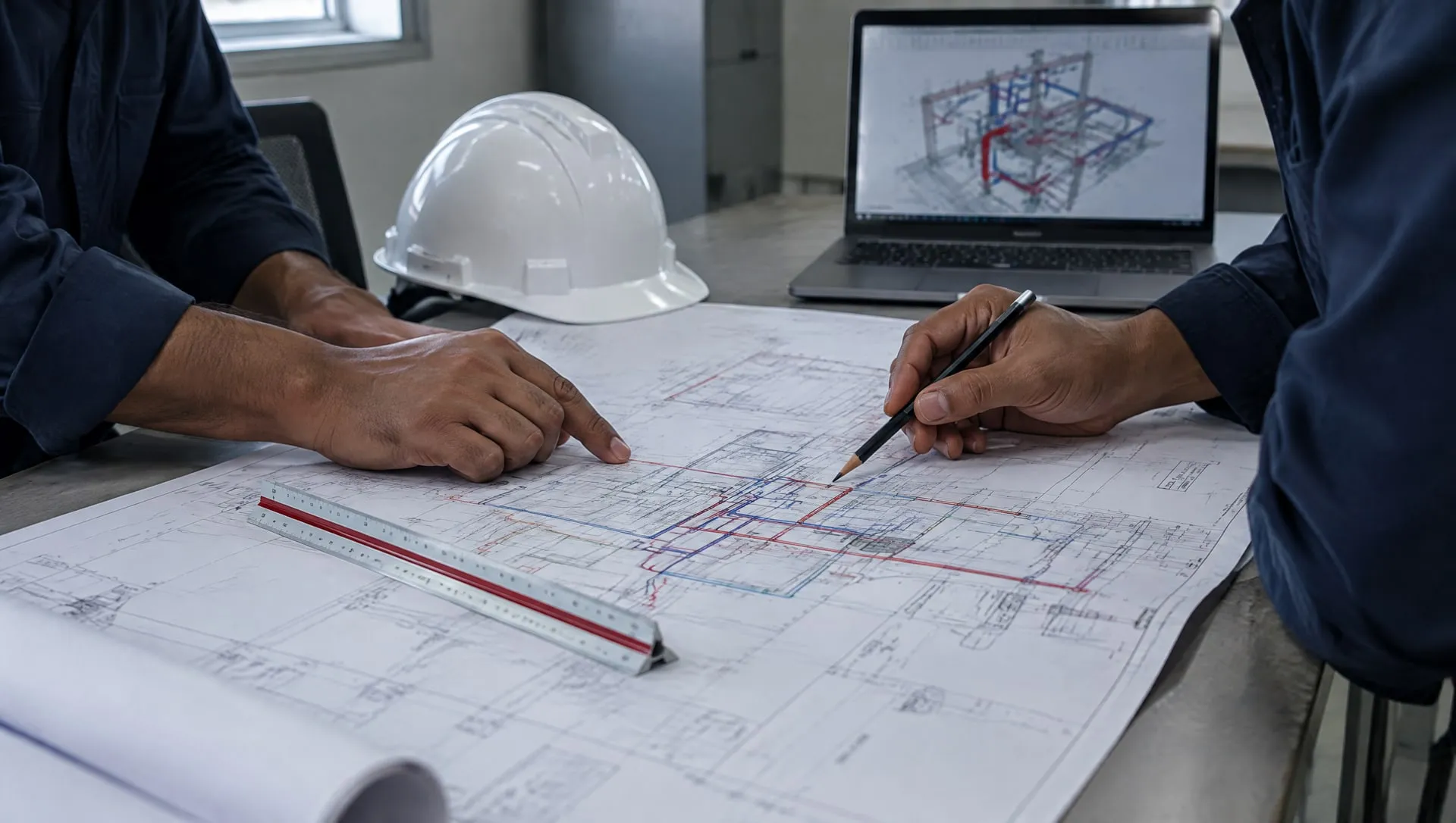 Engineers marking up a printed piping layout drawing with a pencil and scale ruler