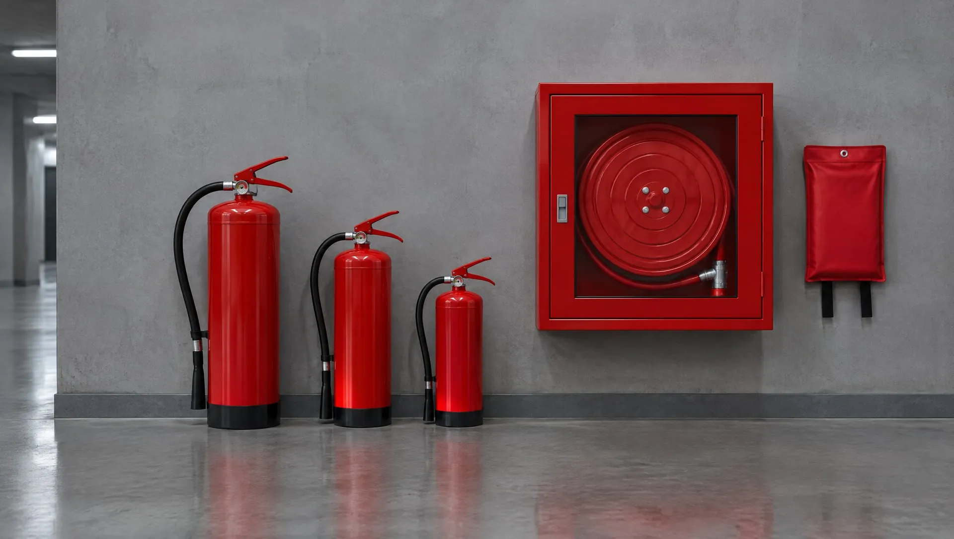 Three red fire extinguishers, a hose reel cabinet and a fire blanket against a concrete wall