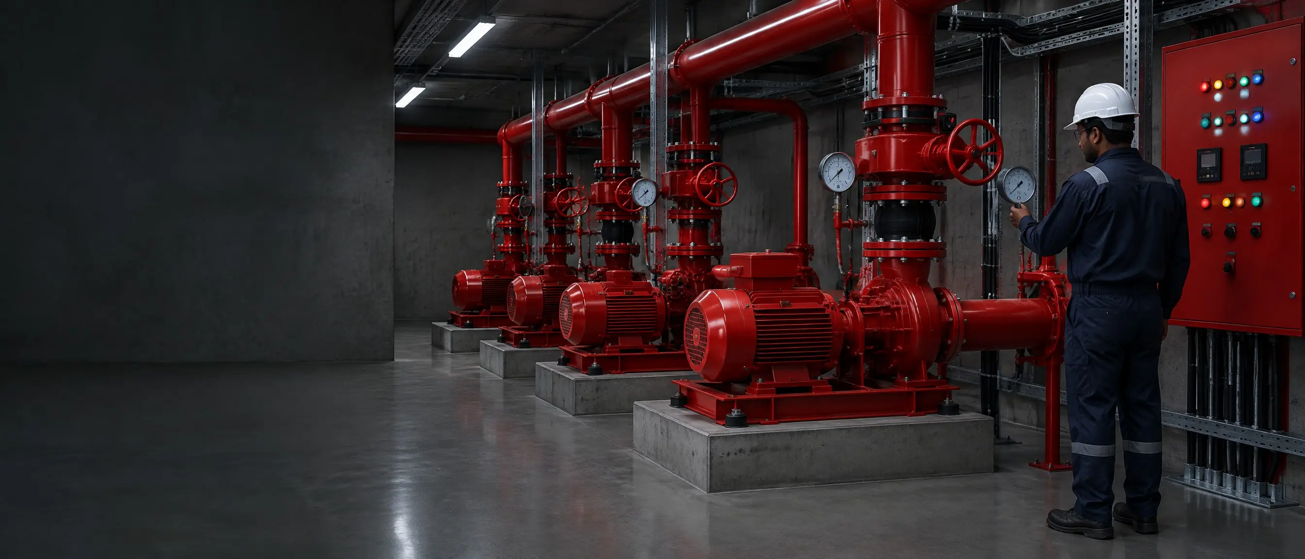 Engineer in a white safety helmet checking a pressure gauge beside a row of red fire pumps