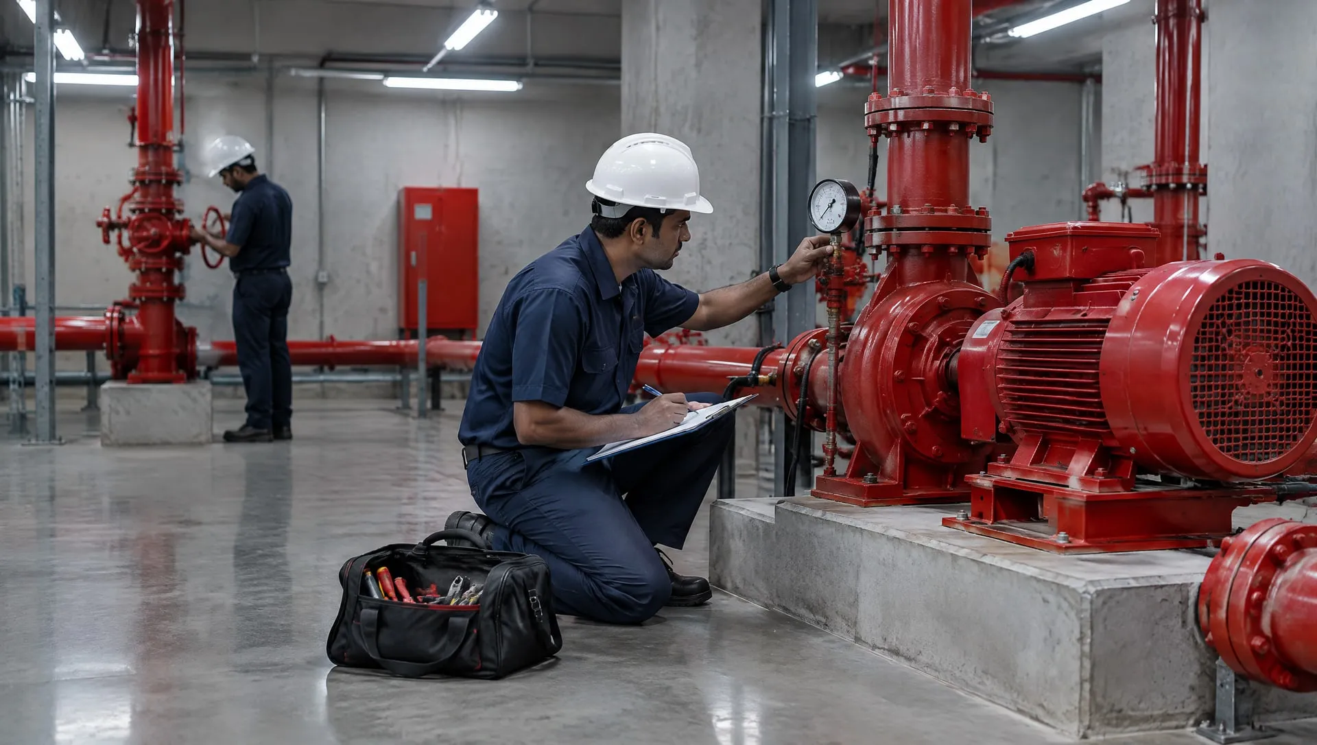 Technician kneeling by a red fire pump, checking its pressure gauge against a service sheet